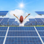 Solar,Cells,Power,Station,With,Asian,Women,Standing,Raised,Up